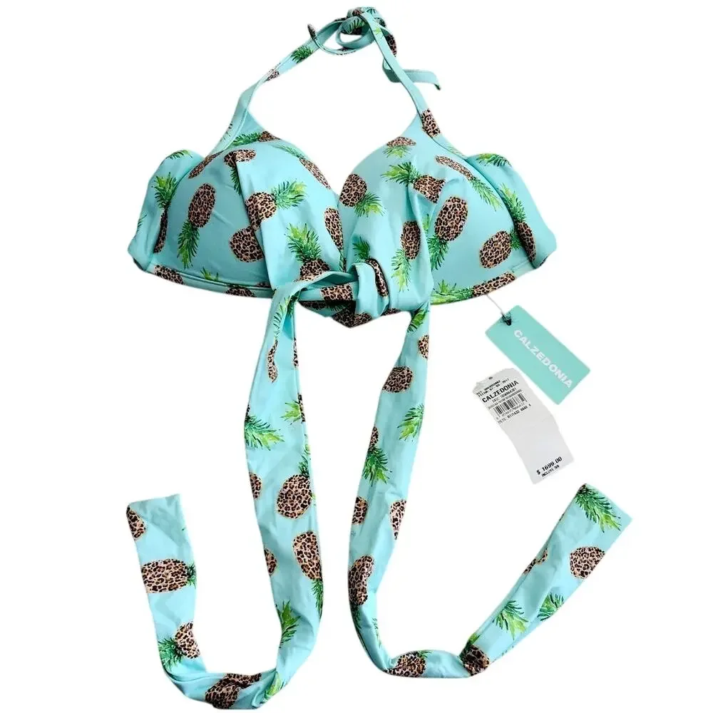 NEW Calzedonia Cobey Blue Pineapple Halter Bikini Size 38 Small - Picture 1 of 8